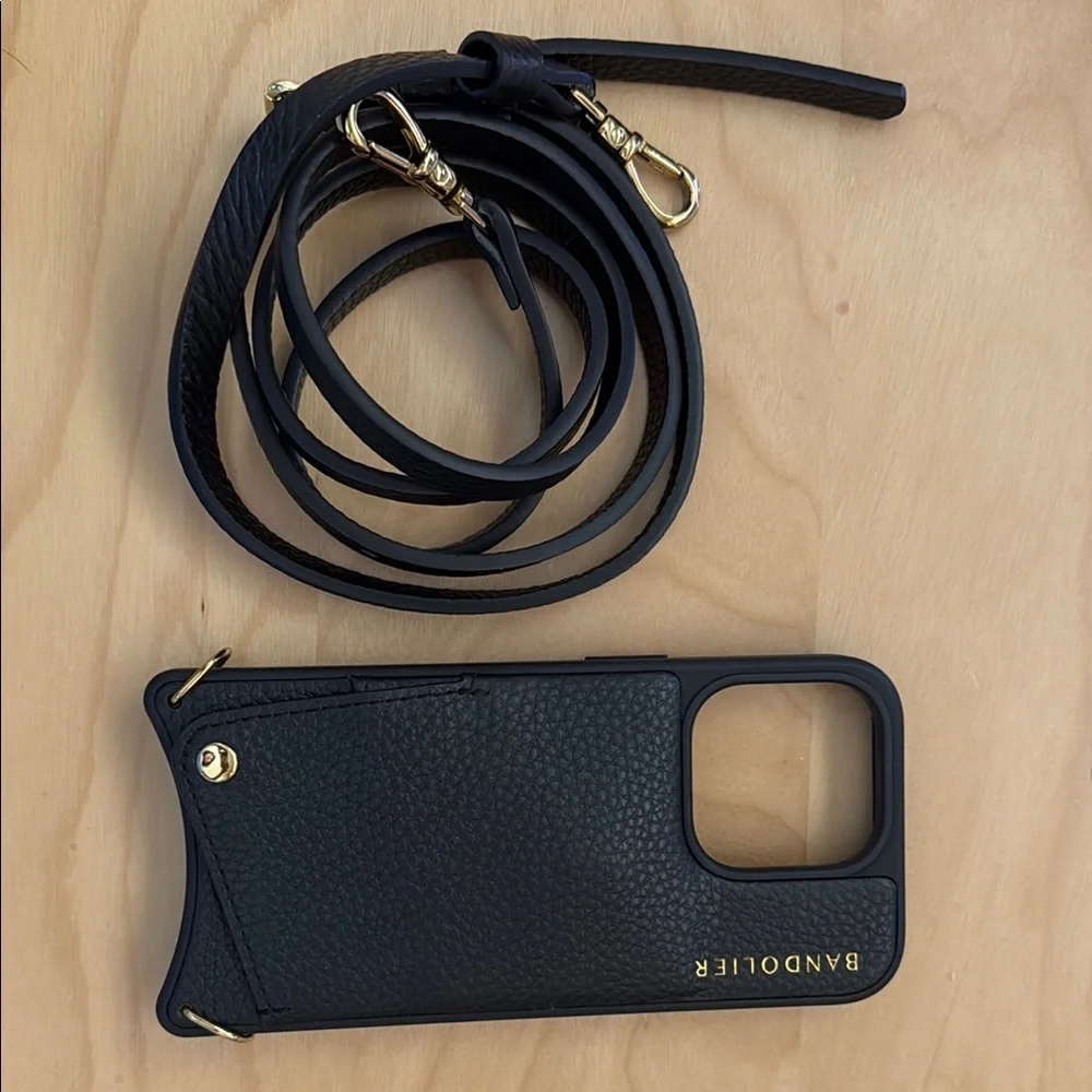 Bandolier Black Leather Crossbody Strap Phone Case with Gold Hardware